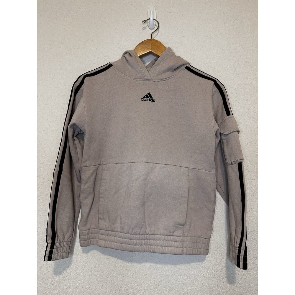 adidas Youth Medium M 10-12 Beige Sand Cargo Pocket 3-Stripe Hoodie Fleece